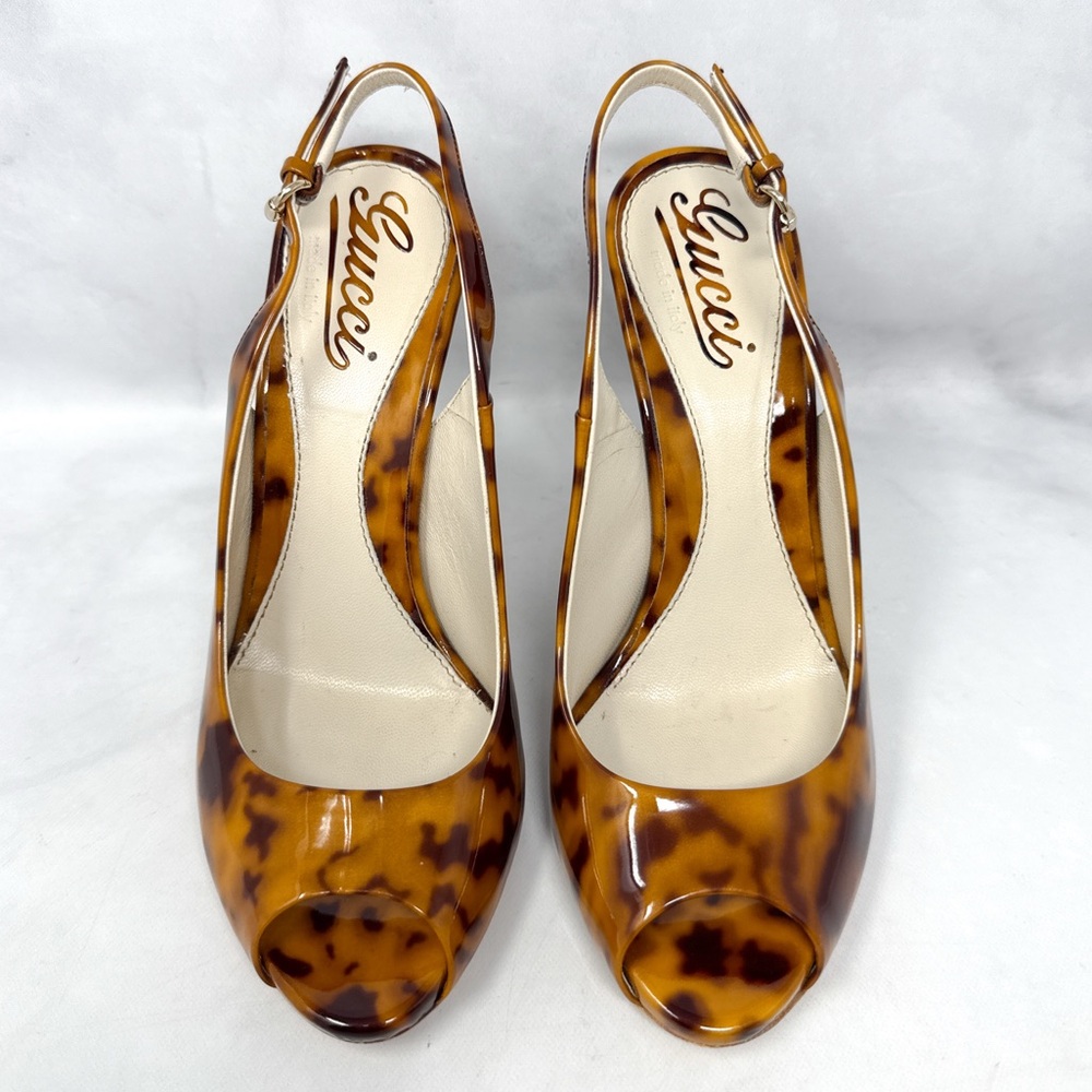 GUCCI Vintage Y2K Tortoise Patent Leather Platform Slingback Pump Heels Glam 5.5 - Picture 3 of 16
